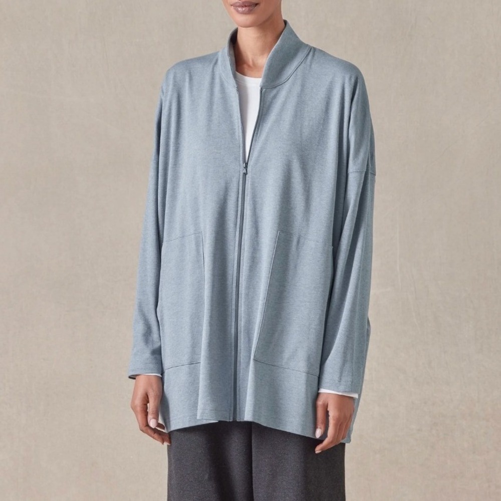 Eskandar Cotton Jersey Full Zip Top Chinese‎ Collar Blue Lagenlook Size 1 / L